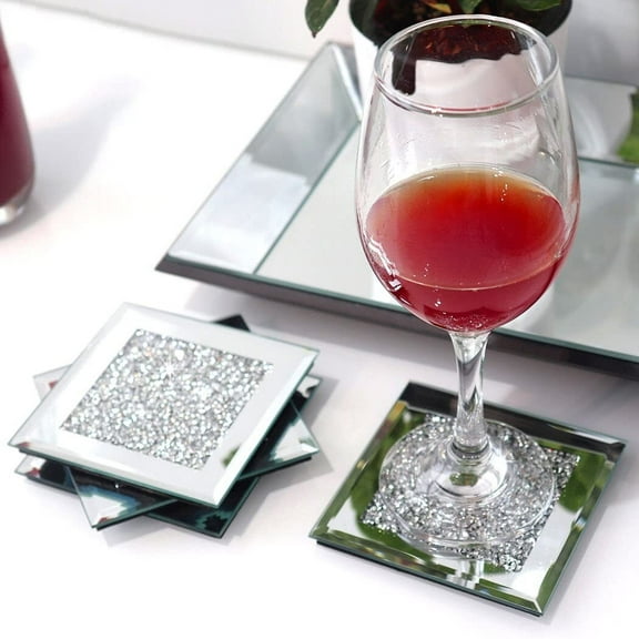 Glass Mirrored Coaster 4 PC, Crushed Diamond Square Cup Mat 4" Decor on Tabletop for Bar Tools Dining Table