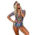 thumbnail image 4 of Women Red Blue Leaves/Beach Sunset/Abstract Print Zip Front Half Sleeve One Piece Swimsuit, 4 of 8