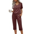 thumbnail image 2 of qolati Pajama Sets for Women 2 Piece Soft Short Sleeve Sleepwear V Neck Top Capri Pants with Pockets Comfy Loose Pjs Lounge Matching Sets, 2 of 9