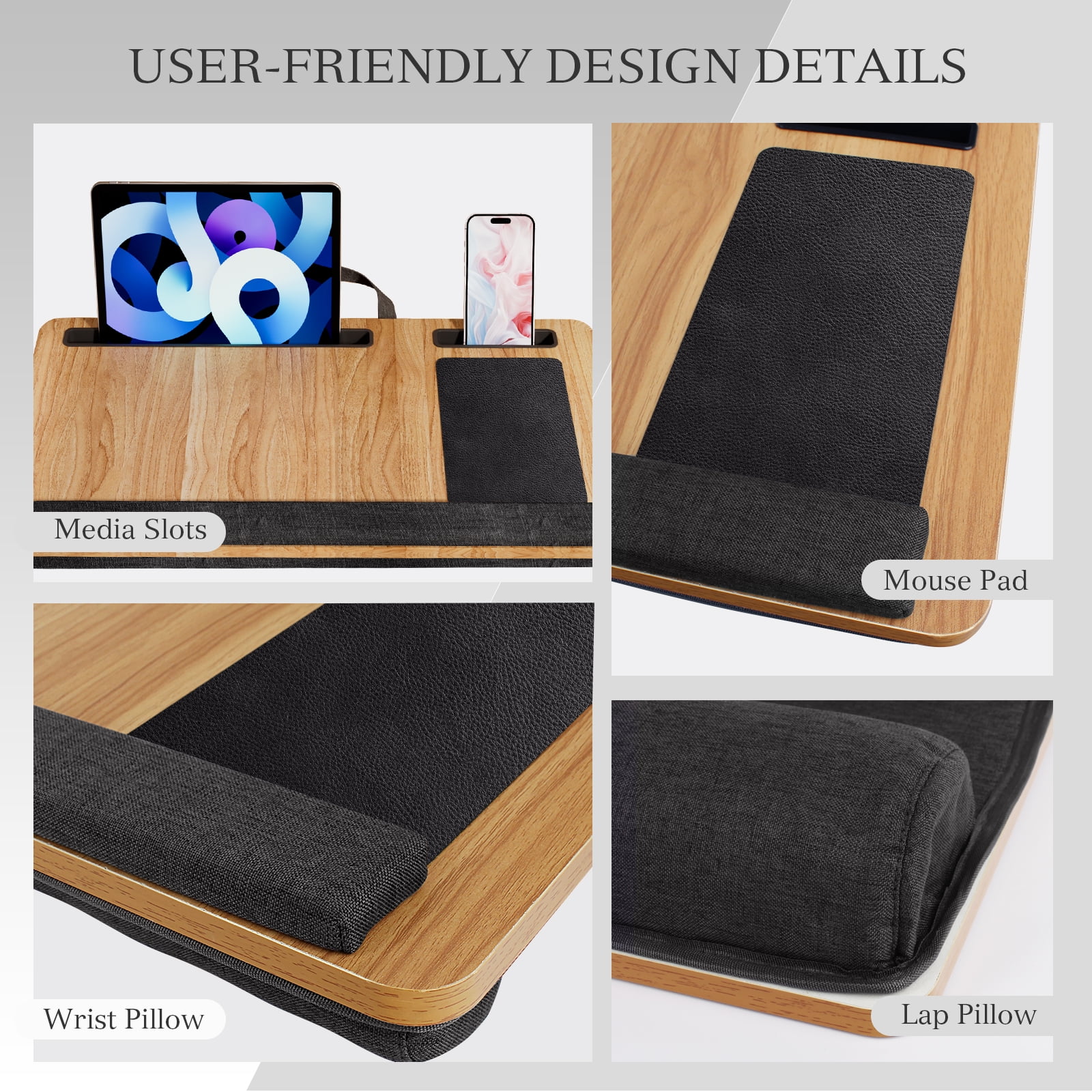 PHANCIR Portable Lap Desk for Laptop, Wood Lapdesk Bed Table with Handle Fits up to 15.6 inches Tray Table with Soft Pillow, Mouse Pad, Wrist Pad & iPad/Phone Slots, Laptop Stand 21.6 x 13.4in-Walnut