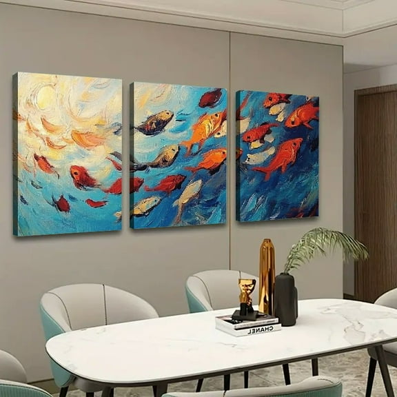 Shadudu Fish Ocean Impressionist Canvas Wall Art Large Size Set of 3 Unframed Wall Decor for Bedroom Modern Kitchen Wall Pictures 16x24 inches 16x24x3pcs