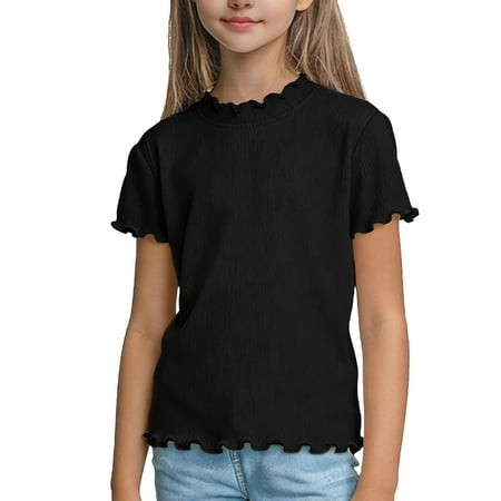 LIaqionyy Girls Shorts Sleeve T Shirts Kids Cute Fashion Summer Crew Neck Solid Color Tops Blouses Clothes
