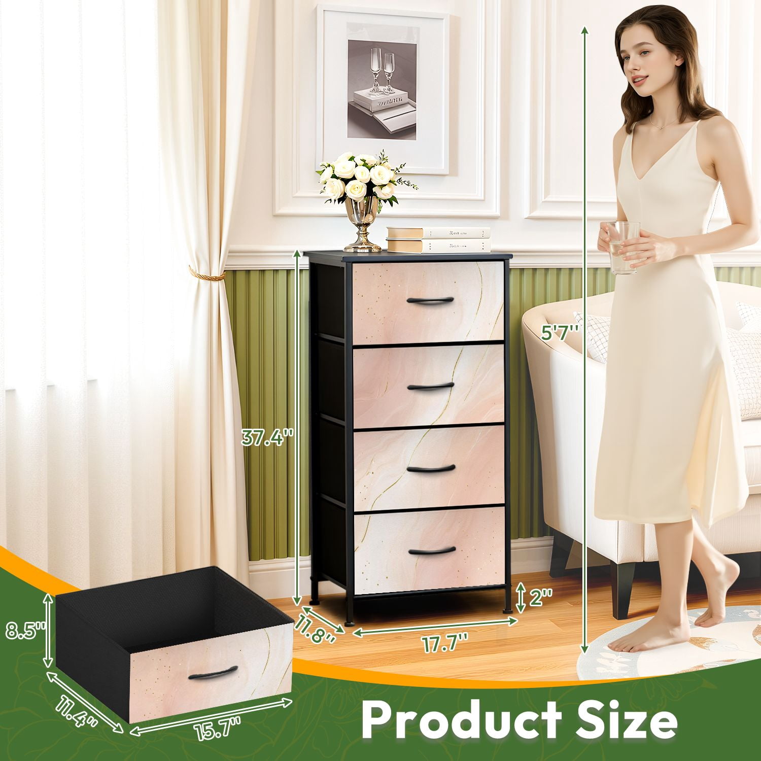 Kanworse 4 Drawer Fabric Dresser for Bedroom Abstract dusty rose blush liquid Chests of Drawers for Closet Organizers Storage