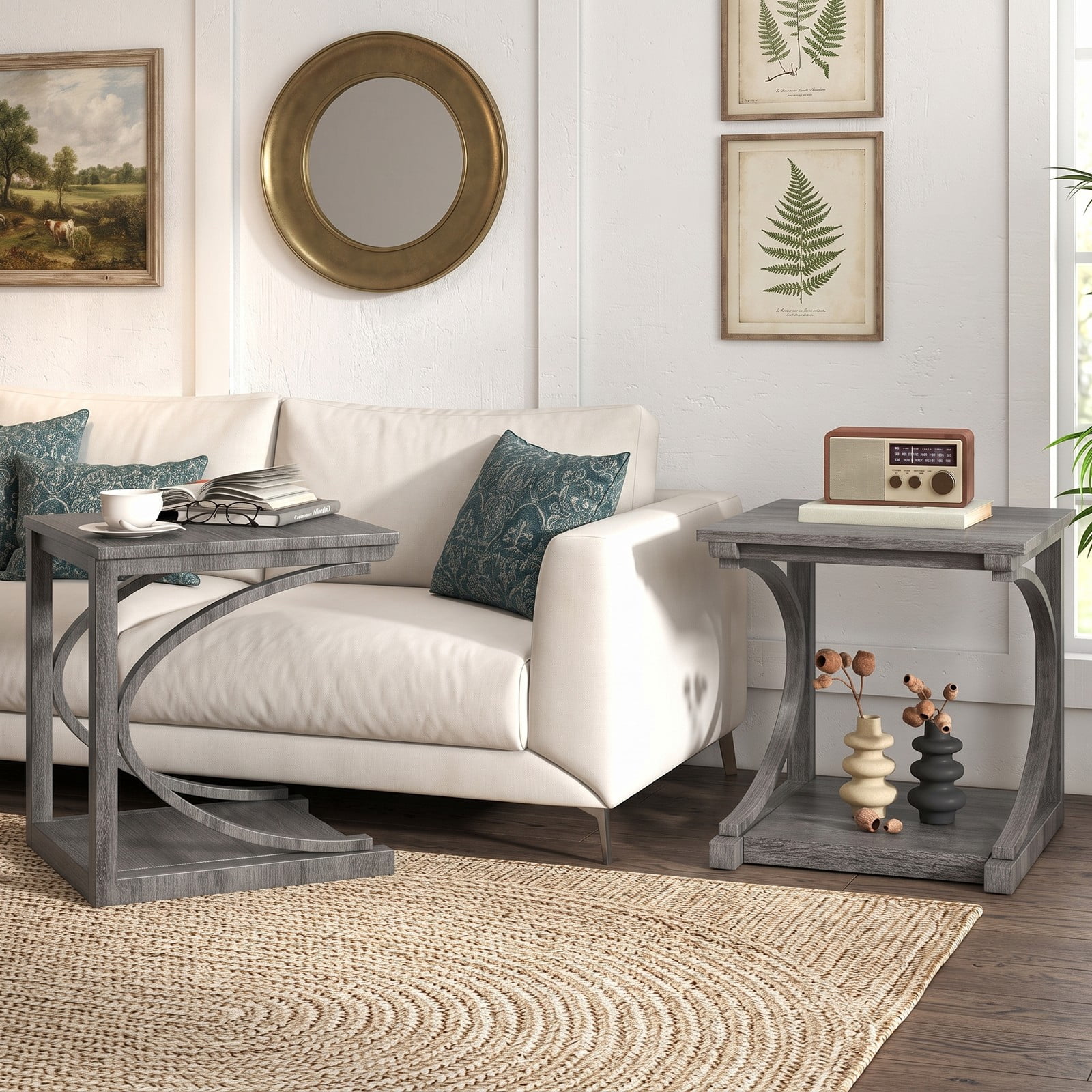 Furnibear C-Shaped End Table, 24 Inch 2-Tier Square Sofa Side Table with Storage Shelf, Rubber Wood Snack Couch Table for Living Room Bedroom, Grey
