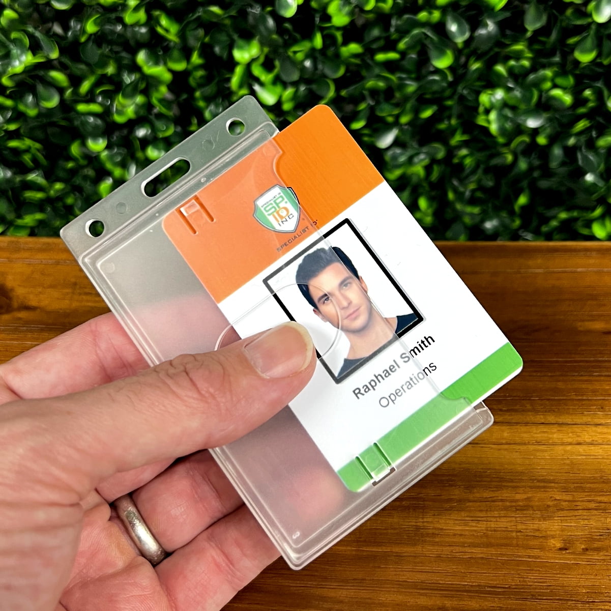 50 Pack - Hard Plastic Badge Holder with Thumb Notch Slide Removal - Vertical Side Load - Clear Frosted Rigid Plastic - Holds One Standard Credit Card Sized Name Badge by Specialist ID