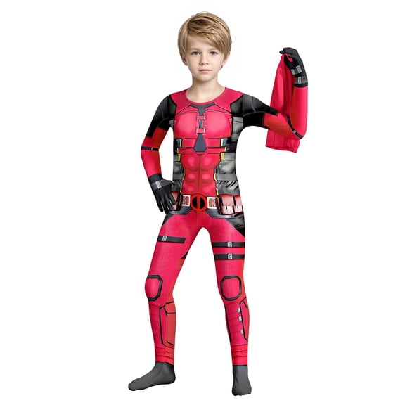 HTQWLP 2PCS Halloween Superhero Costume, Pop Role Playing Fancy Dress Costumes, Halloween Stage Performance Cospaly Outfit-Jumpsuit Head Mask, Boys Birthday Party Dress Up Costumes, Red/150