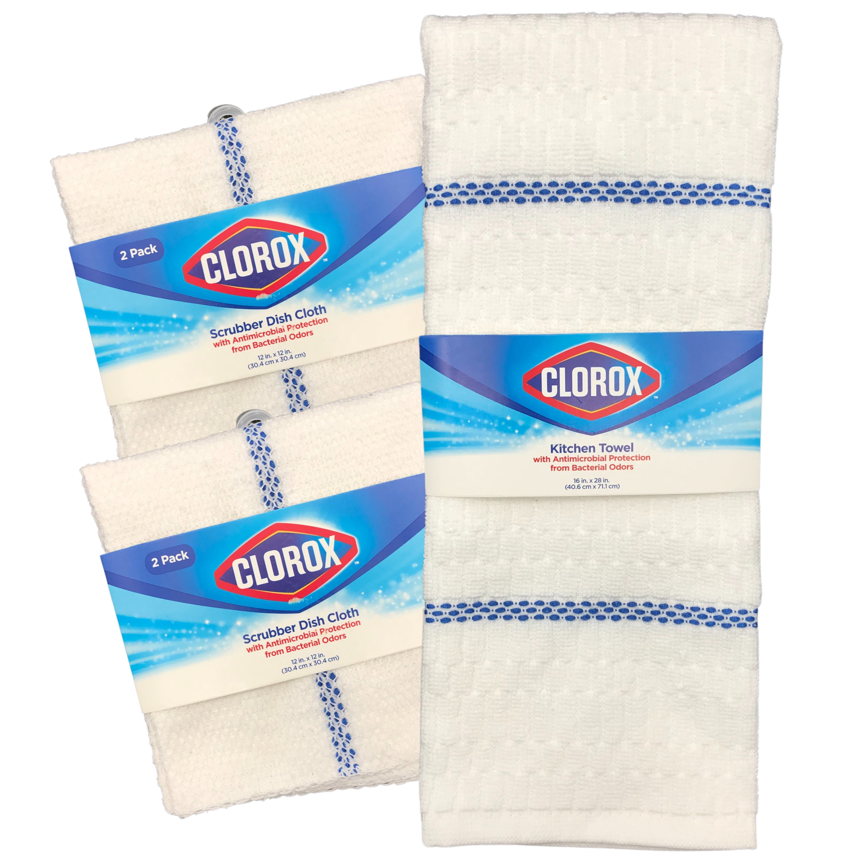(Lot of 2) Clorox Dish Cloth White Blue Stripe Antimicrobial Protection  12x12