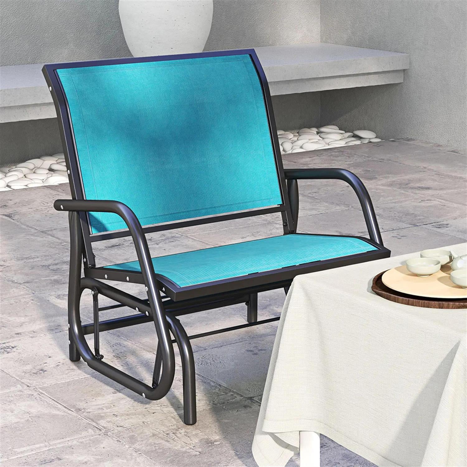 Demi Bonn Outdoor Glider Chairs, Metal Frame Swing Glider Chair with Breathable Mesh Fabric, Curved Armrests and Steel Frame for Garden, Poolside, Backyard, Balcony, Blue