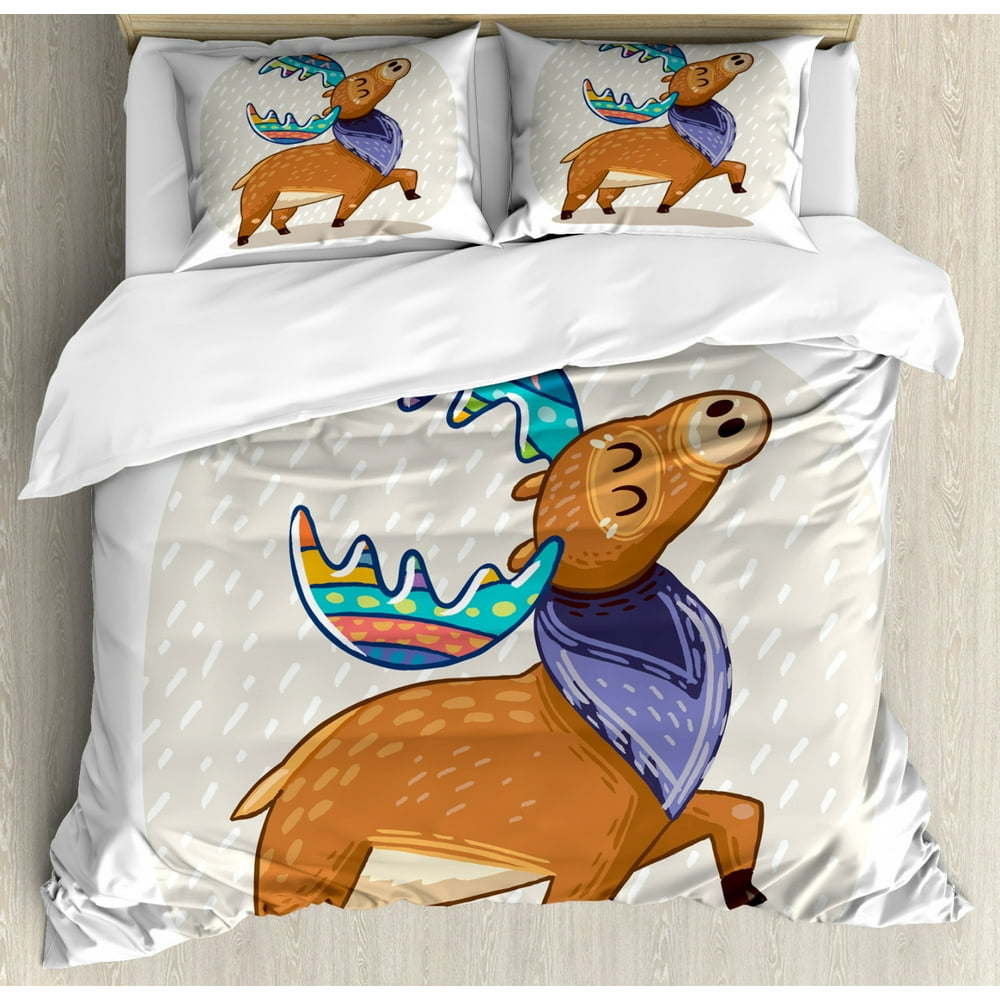 Moose Duvet Cover Set, Deer with Scarf and Rainbow Retro Antler Horns