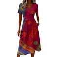 thumbnail image 5 of Minjewel Women's Floral Shift Dress with Print V-Neck - Short Sleeve Summer Dress, Loose Flowy Beach Party Outfit, Comfy Vacation Mini Dress,Deep Red,2XL, 5 of 6
