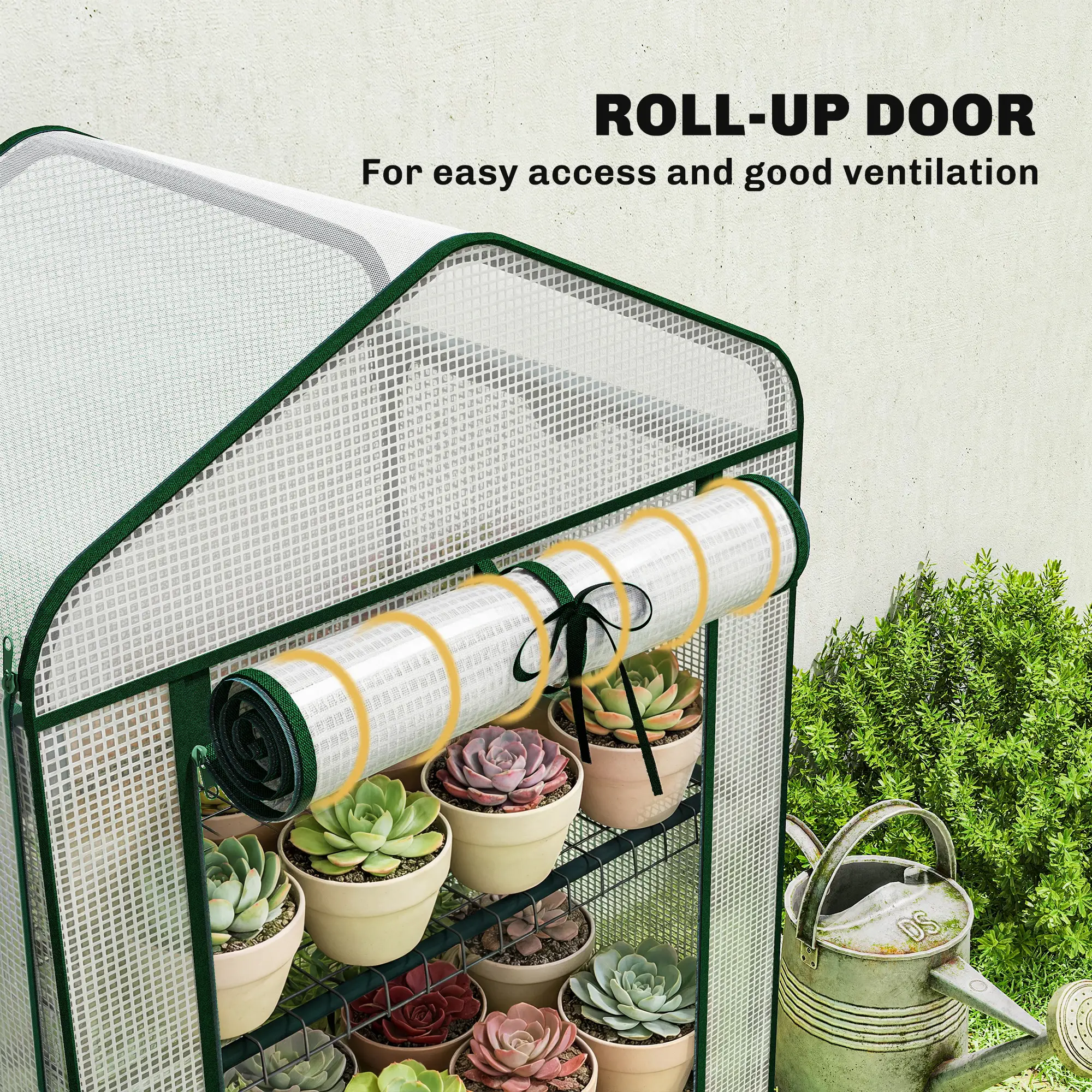 3-Tier Mini Greenhouse with Double-Layer Roof, 140gsm PE Cover, Roll-Up Zippered Door, Powder-Coated Steel Frame, Stability Side Bags for Indoor Outdoor Plants
