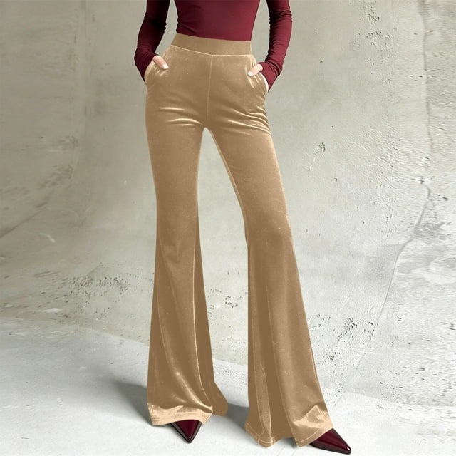 Pincandy Women's Solid Color Velour Pants - Elastic Waist, Loose Flared Wide Leg Fit with Pockets, Comfortable for Loungewear & Casual Activities