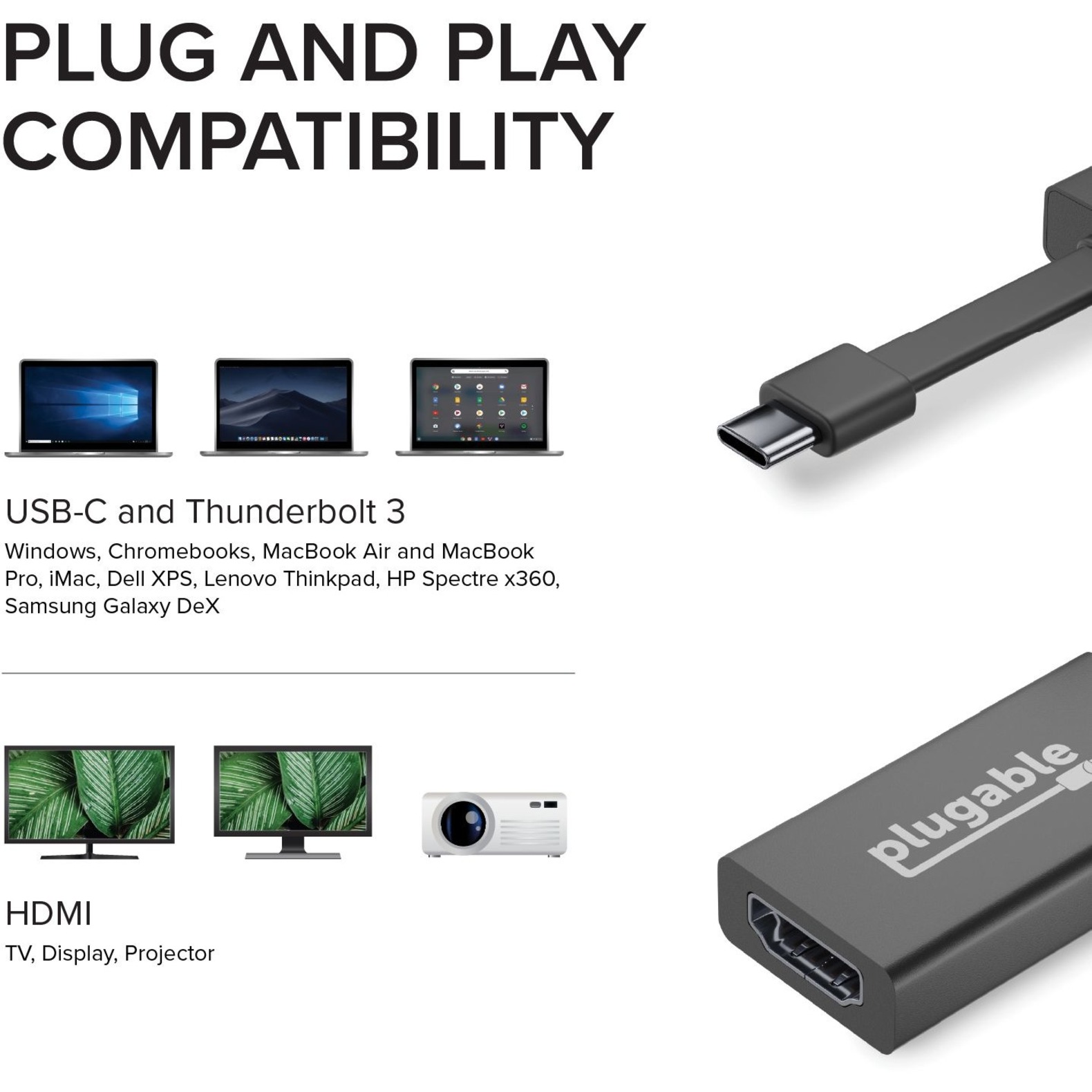Plugable USB C to HDMI Adapter 4K 30Hz, Thunderbolt 3 to HDMI Adapter Compatible with MacBook Pro, Windows, Chromebooks, 2018+ iPad Pro, Dell XPS, Thunderbolt 3 Ports and more - image 3 of 6