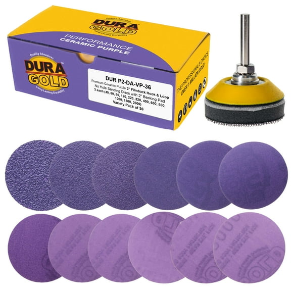 Dura-Gold 2" Purple Film Ceramic Sanding Discs, 36 Disc Variety Pack, Grits 40, 60, 80, 120, 220, 320, 400, 600, 800, 1000, 1500, 2000 - Hook & Loop Sandpaper & Drill Backing Plate - Auto Wood