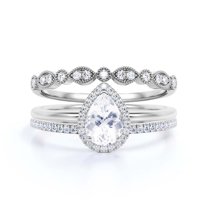 Beautiful Art Deco 2.25 Carat Pear Cut Affordable Diamond Moissanite Engagement Ring, Classic Wedding Ring, Two Matching Band in 925 Sterling Silver With 18k White Gold Plating,Promise Ring