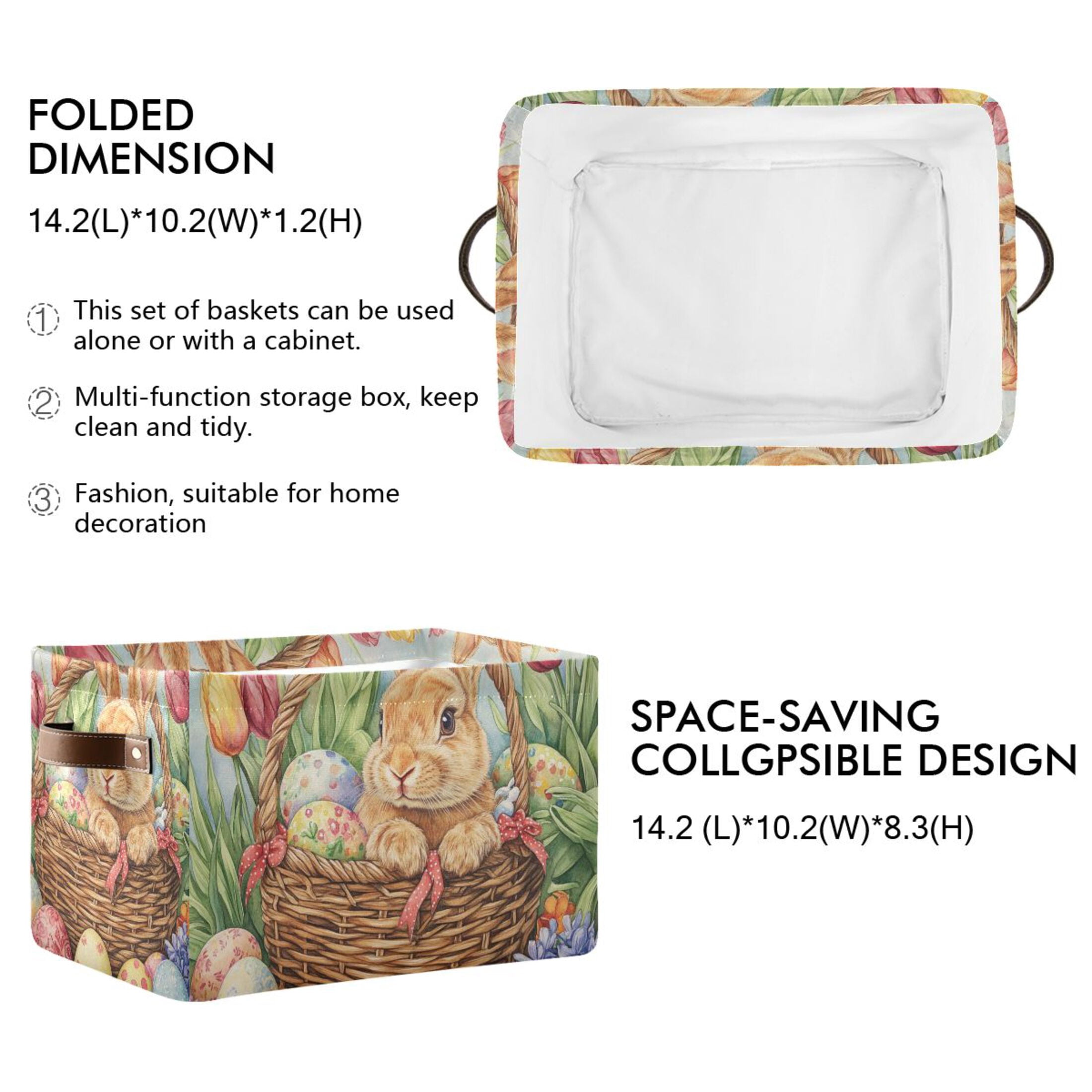 WOBOGO Easter Rabbit Square Storage Basket with Waterproof Canvas and PE Lining Durable PU Leather Handles 14.2×10.2×8.3in