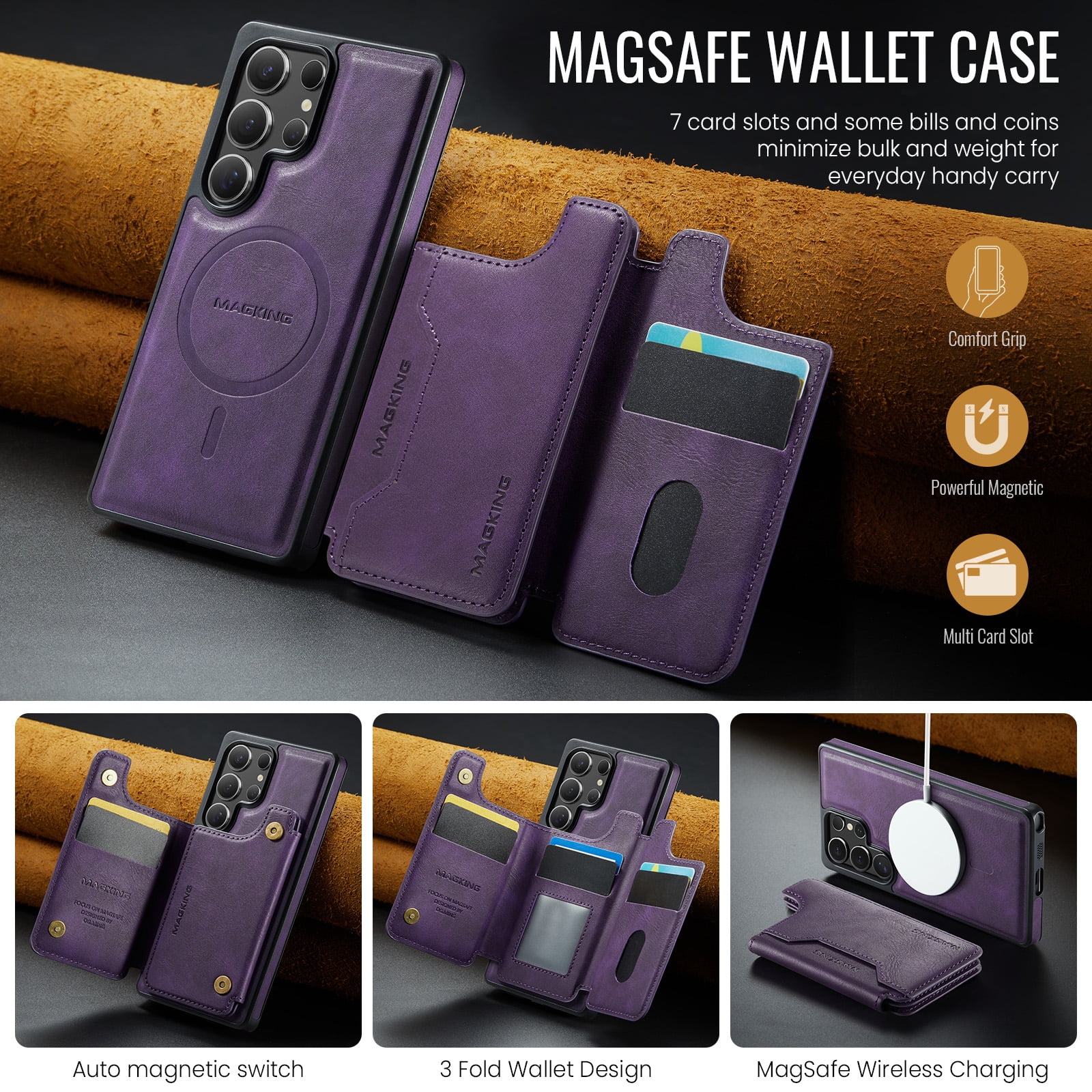 Designed for Samsung Galaxy S24 Ultra Wallet Phone Case,Magnetic Detachable Flip Card Holder,Back Flip Kickstand,Compatible with Mag-Safe,2-in-1 PU Leather Heavy Duty Shockproof Phone Case,Purple
