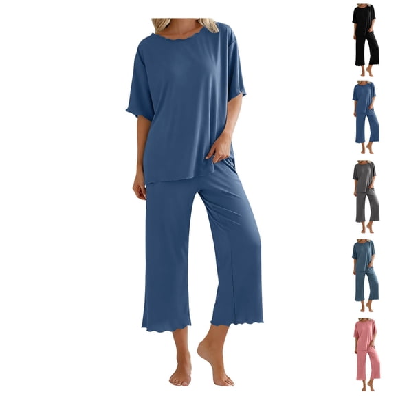 Bixock Pajamas for Women Solid Color Ice Silk Short Sleeve Top Lace Neck Long Pants 2 Piece Loungewear Sleepwear