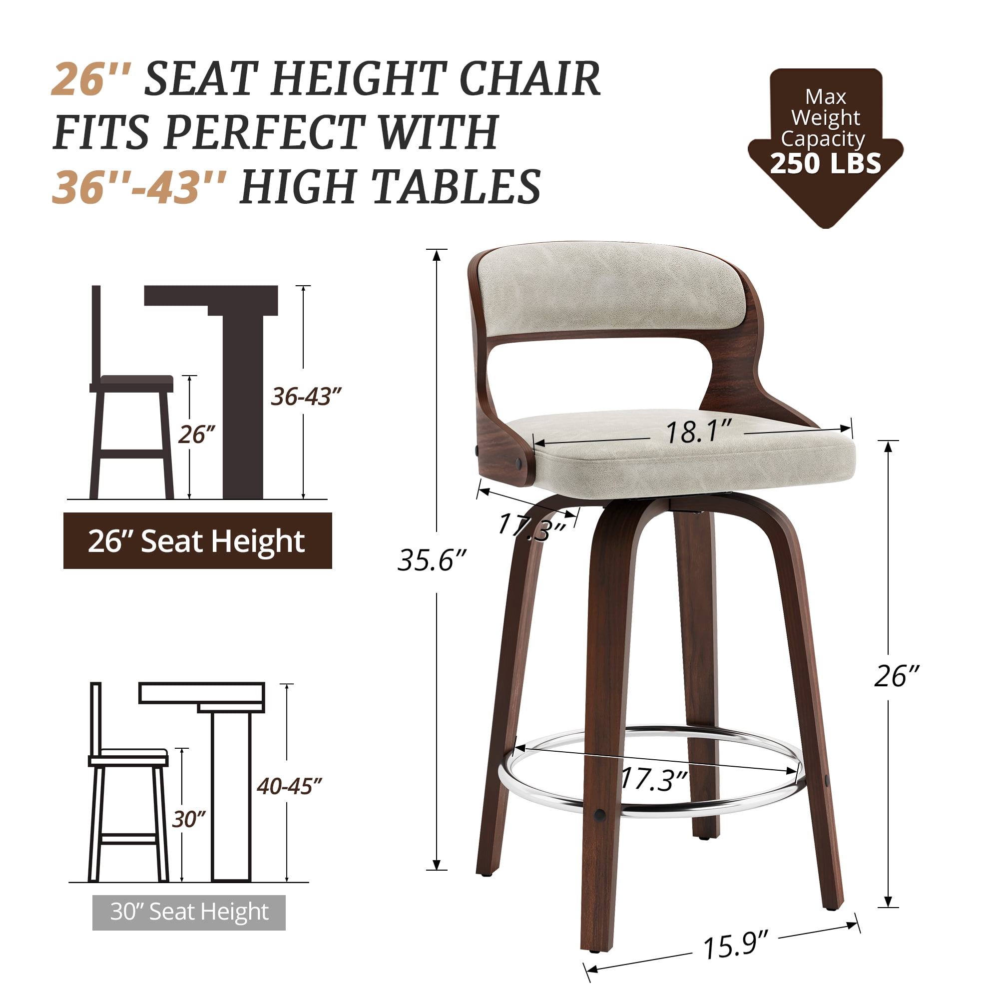 Dycanpo 26”Bar Stools Swivel, Wood Counter Height Bar Stools for Home Kitchen, Light Beige Gray