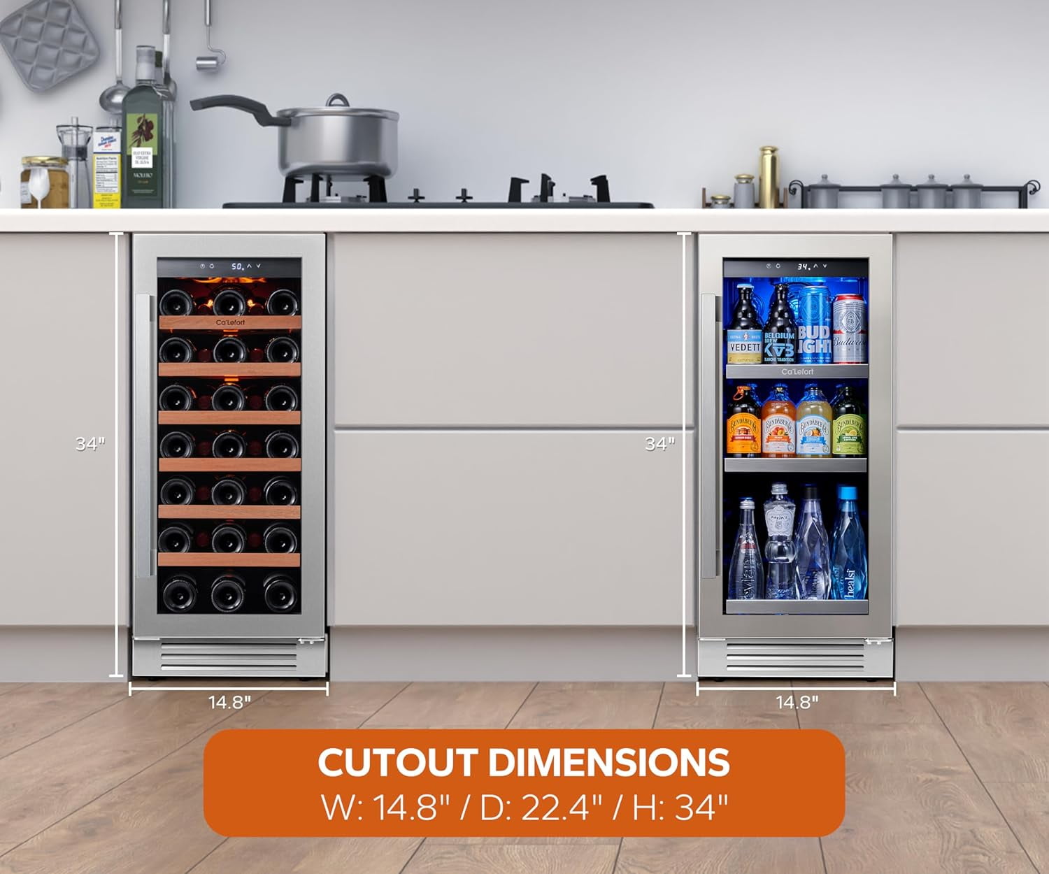 Ca'Lefort Wine and Beverage Refrigerator, 15" Wine Cooler and 15" Beverage Fridge Side-by-Side, Holds 33 Bottles and 100 Cans for Halloween Gifts