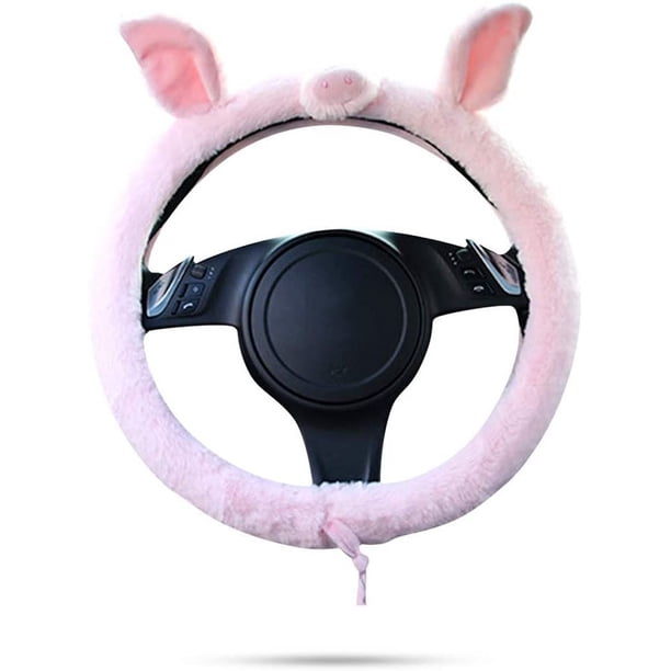 Funda para volante de coche de animales bonitos, protector antideslizante para volante de coche de dibujos animados, franela suave de microfibra de 38cm (15 ") (cerdo rosa) Adepaton LKX-1446