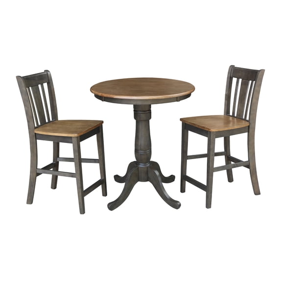 30" Round Wood Counter Height Table With 2 Stools in Hickory/Washed Coal