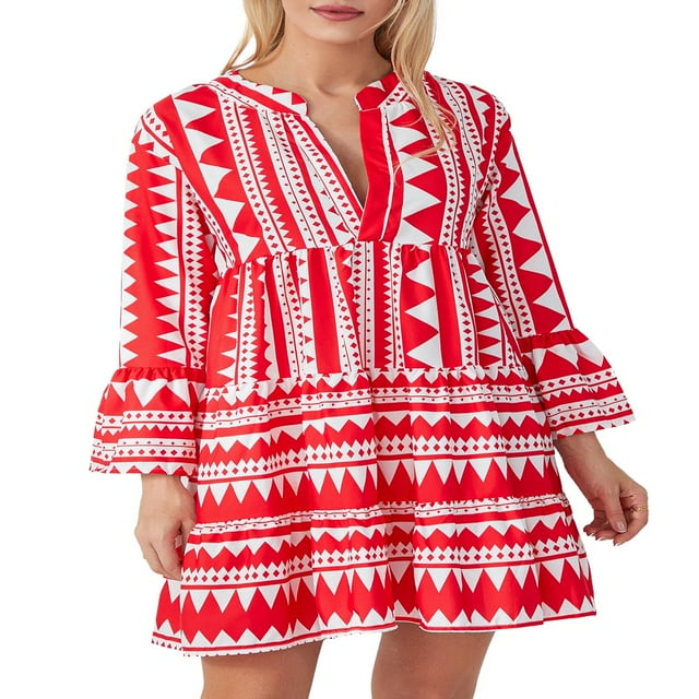 Femmes Été Floral Mini Robe Boho Flowy Robes Courtes Robe de Cocktail à Manches Longues