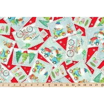 P  B Textiles Christmas Gnomes Postcard Toss on Red 100% Cotton Fabric Price per Yard