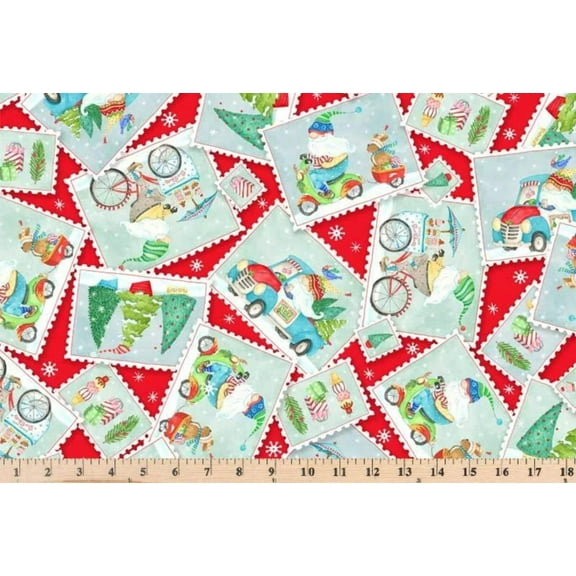 P  B Textiles Christmas Gnomes Postcard Toss on Red 100% Cotton Fabric Price per Yard