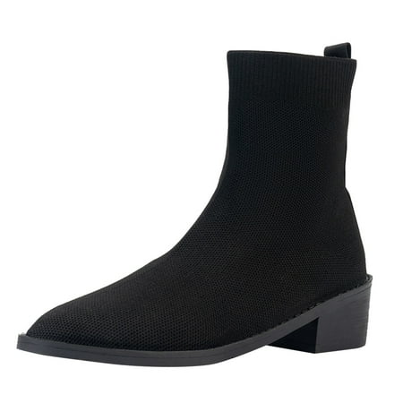 

Black Boots for Women Ladies British Style Solid Color Breathable Stretch Knit Pointed Toe Chunky Heel Fashion Short Boots Ankle Boots for Women Knit Black