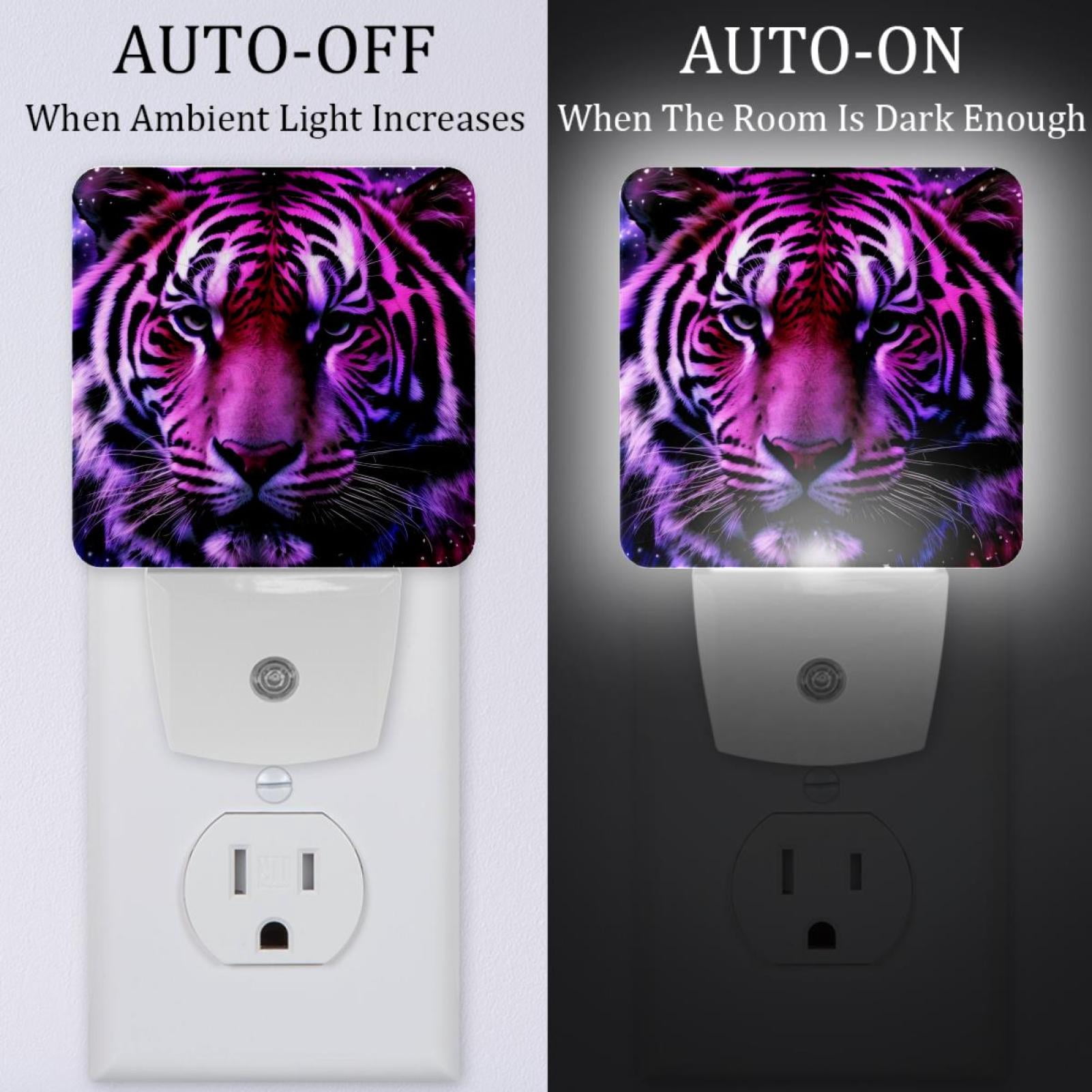 PhooArto Purple Tiger Head Plug in LED Night Light Auto Sensor Dusk to Dawn Decorative Night for Bedroom, Bathroom, Kitchen, Hallway, Stairs, Baby's Room, Energy Saving
