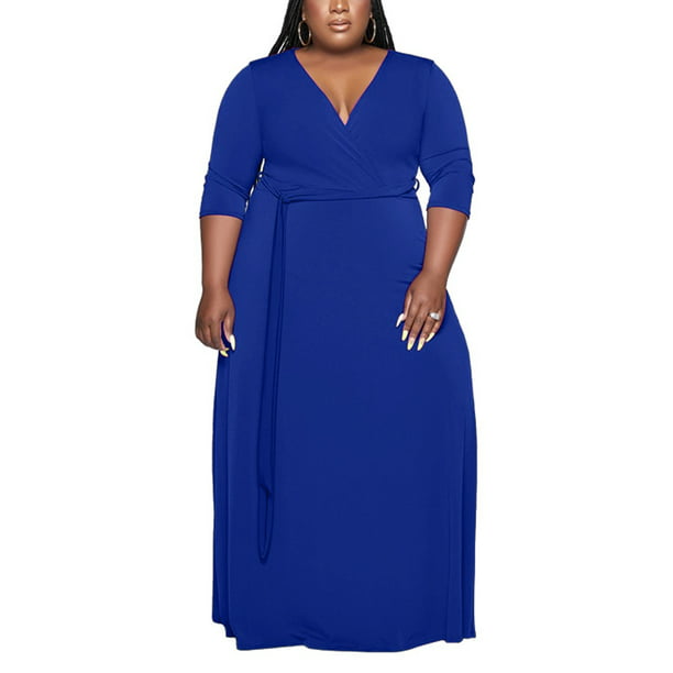 Colisha Long Dress Plus Size Sundress V Neck Maxi Dresses Baggy Holiday 3/4 Sleeve Navy Blue 2XL - Walmart.com