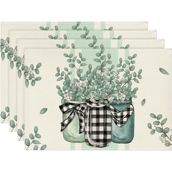 Eucalyptus Buffalo Plaid Spring Placemats Set of 4, 12x18 Inch Vase Seasonal Table Mats for Party Kitchen Dining Decoration