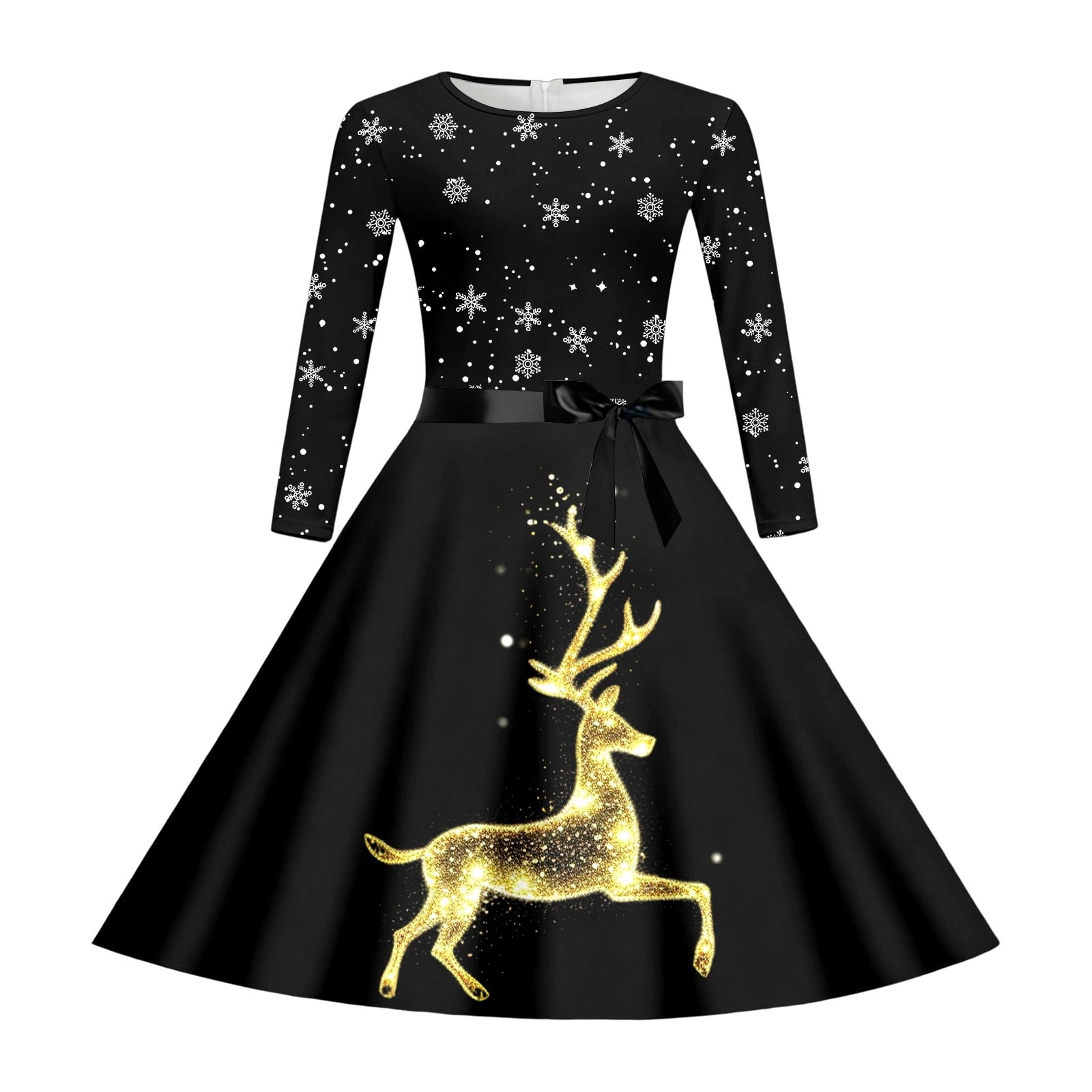 Yuncity Toddler Girl Christmas Dress Snowflake Reindeer Print A-Line Dresses With Bow Back Zipper Fall Winter Long Sleeve Cute Soft Cozy Casual Holiday Party Wear Black Size 5-14 Years