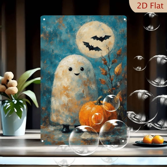 Whimsical Halloween Ghost & Pumpkin Art on Metal, 8x12 Inches, Cute Round Ghost with Orange Pumpkin, Full Moon and Bats, Autumn Leaves, Impressionist Style Wall Decor for Home