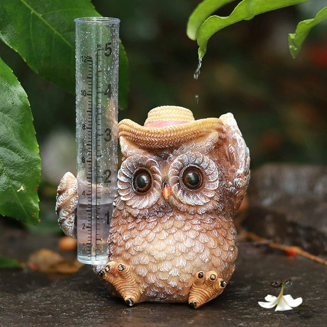 Decoración de jardín al aire libre con medidor de lluvia de búho, estatuas de esculturas decorativas para patio, césped, adornos de jardín, decoraciones de colector de lluvia