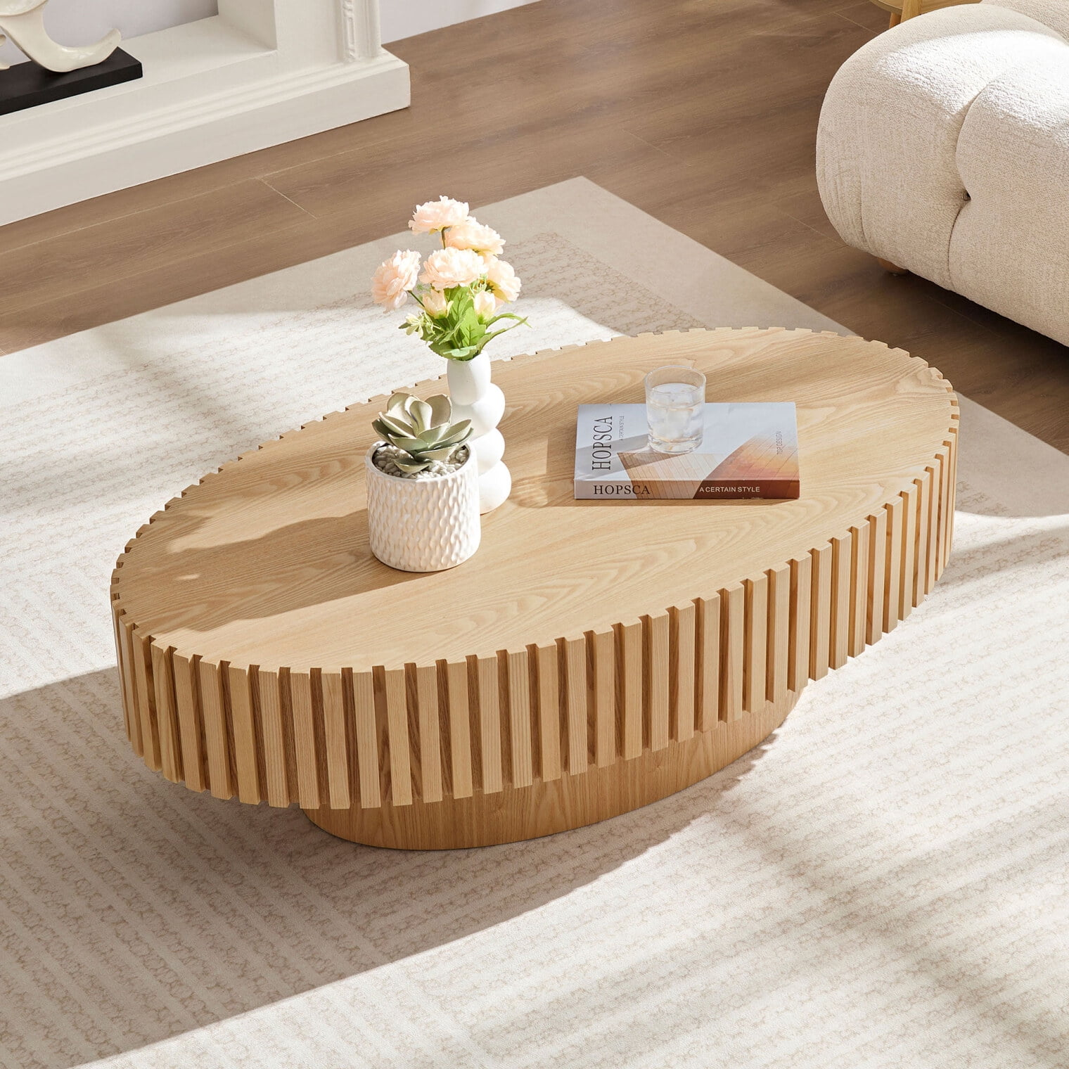 44" Oak Wood Coffee Table, Handcraft Drum Fluted Accent Table, Contemporary Center Table with Sturdy Pedestal for Living Room, Natural