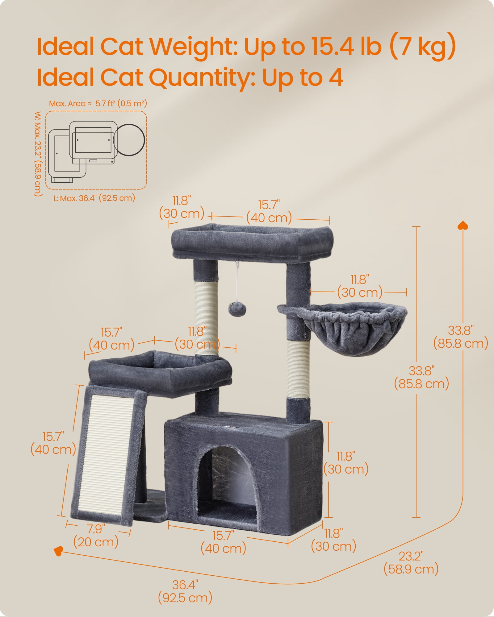 Feandrea Cat Tree, Cat Tower Condo with Scratching Posts and Ramp, 2 Large Perches, Cave, Basket, 33.8 Inches Tall, Dark Gray