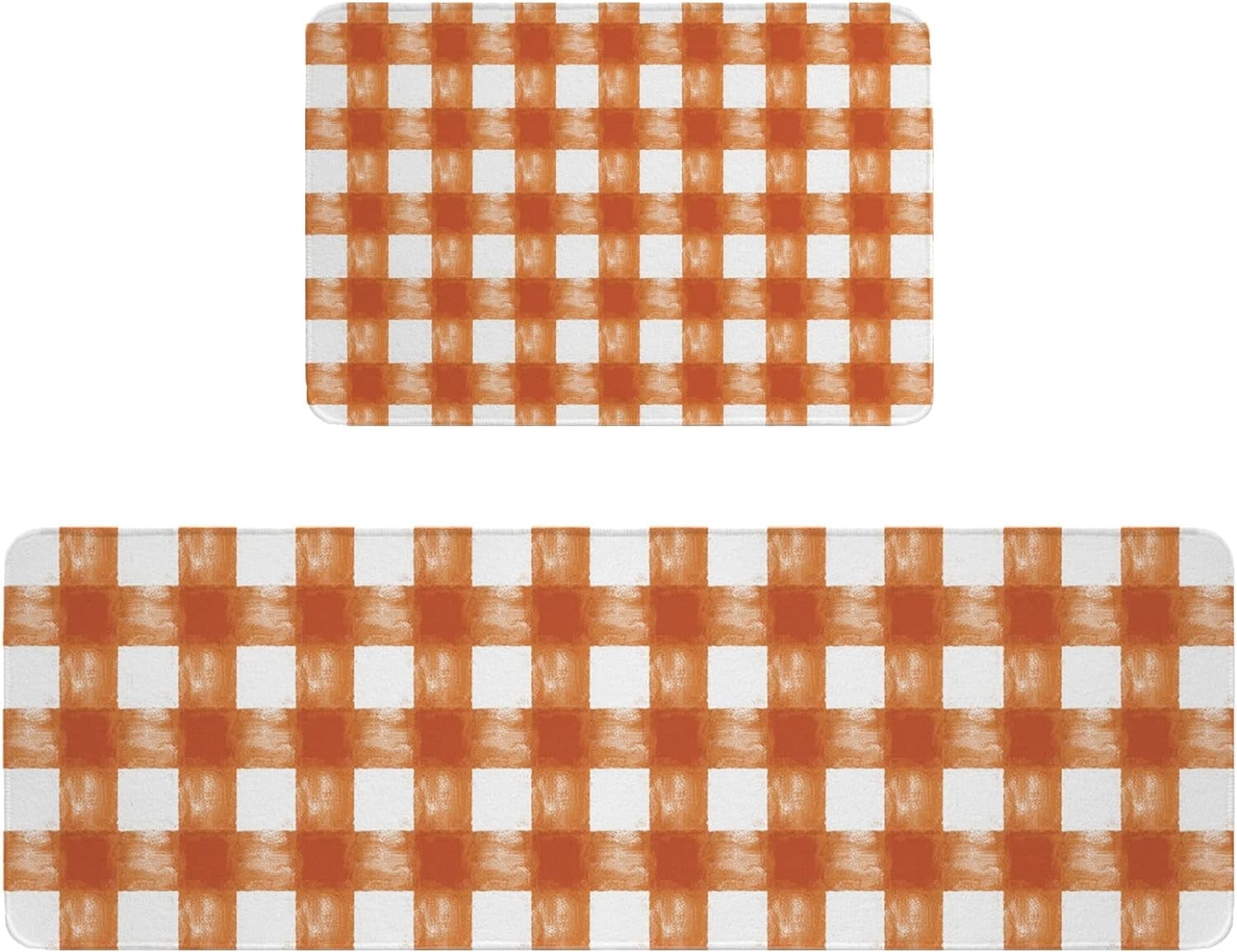 Kitchen Rug Mat Grid Farmhouse, Set of 2, Anti-Fatigue Non-Skid Washable Kitchen Runner Rugs, Watercolor Orange Soft Comfort Rug for Kitchen, Floor Home, Front of Sink, Laundry