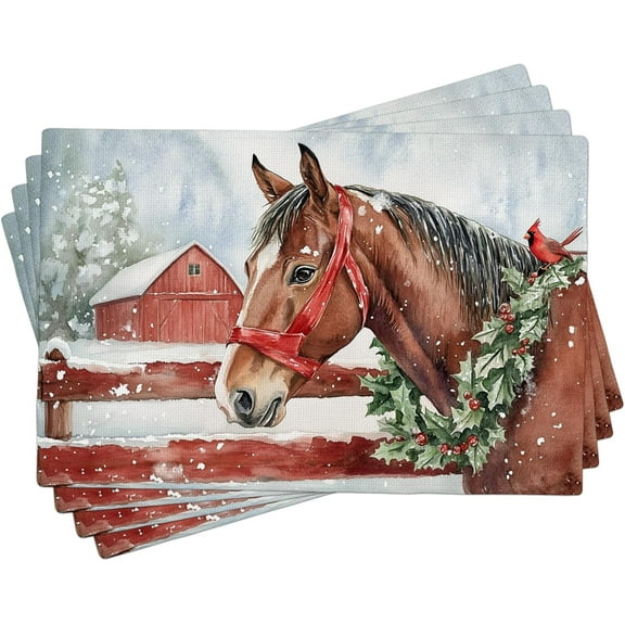 Horse Placemats Set of 4, Red Rustic Farmhouse Table Mats for Christmas Dining, Non-Slip Washable Indoor Outdoor Decorative Placemats 18x12 Inch
