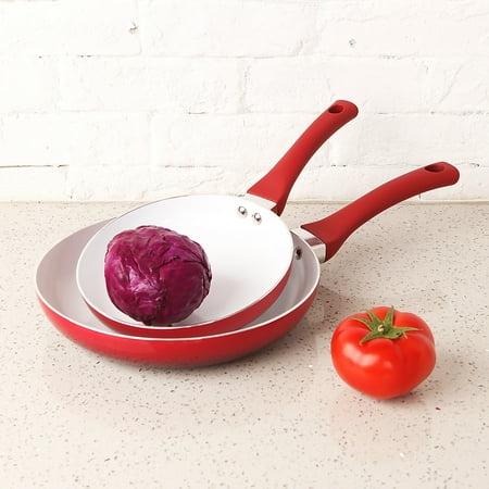 Mainstays Non-Stick Aluminum Ceramic 2PK Skillet Set 8in and 10in, Red ombre