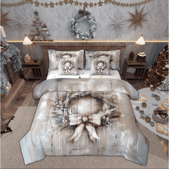 Feelyou Christmas Wreath Bedding Comforter Set 7pcs, Vintage Oil Printing Queen Bedding Sets, Merry Xmas Reversible Queen Sheet Sets, Super Cozy Room Decor