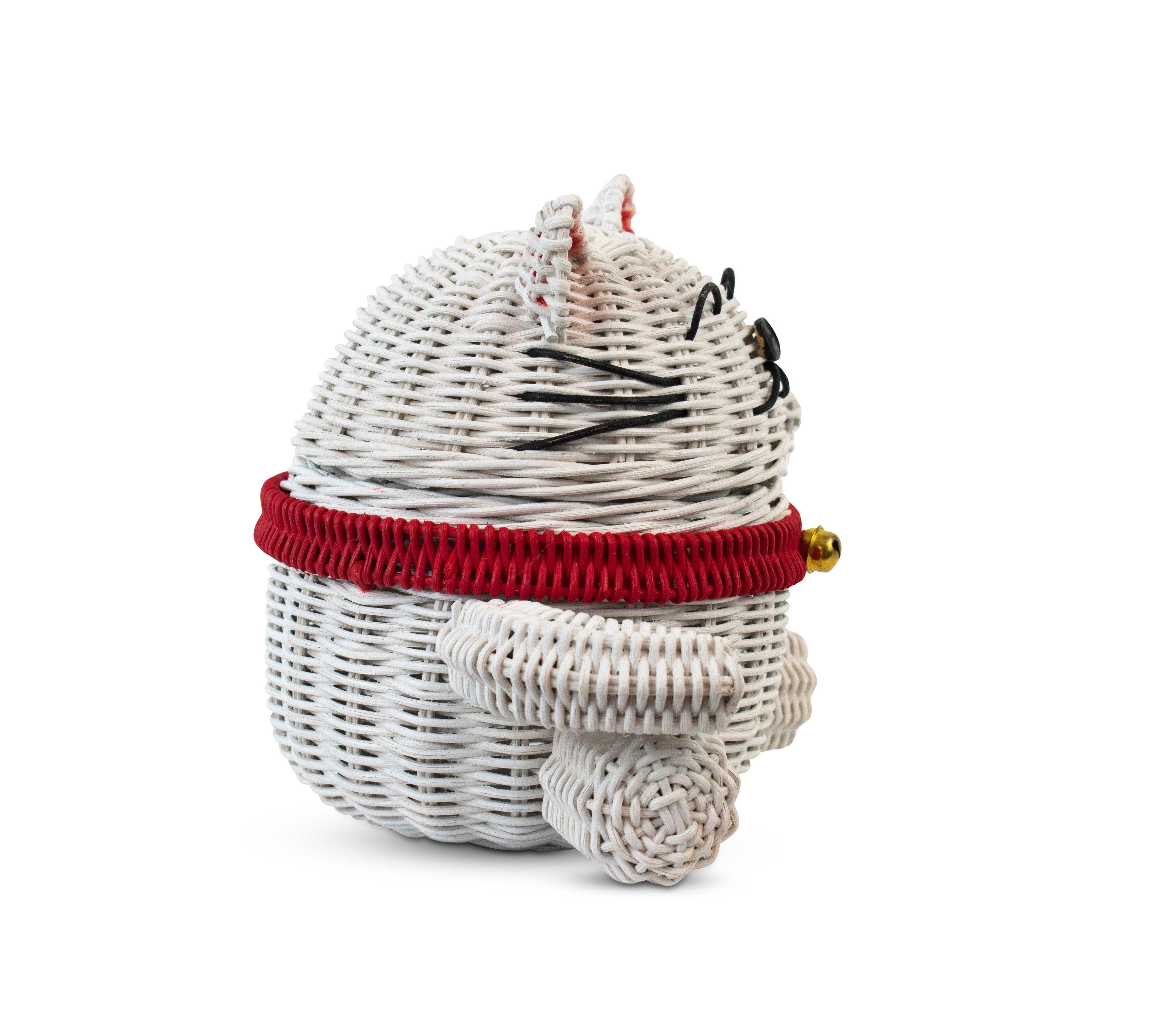 G6 Collection Lucky Cat Rattan Storage Basket with Lid Decorative Bin Home Decor Hand Woven Shelf Organizer Cute Handmade Handcrafted Gift Art Artwork Wicker Kitten
