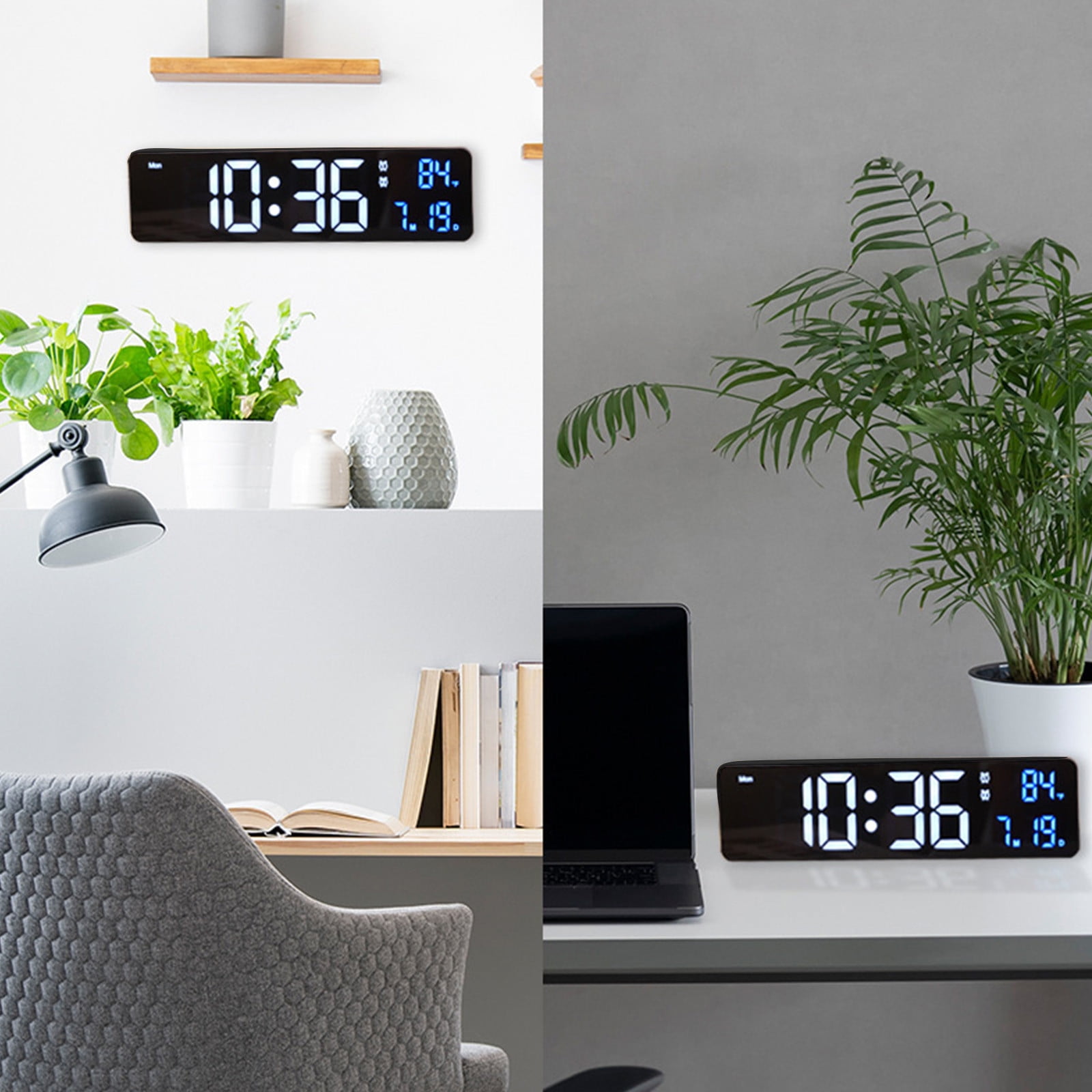 Foqnuq Large LED Digital Clock Alarm - Rechargeable Snooze Wall Clock - Date & Temperature Display - USB Powered - Perfect for Home & Office