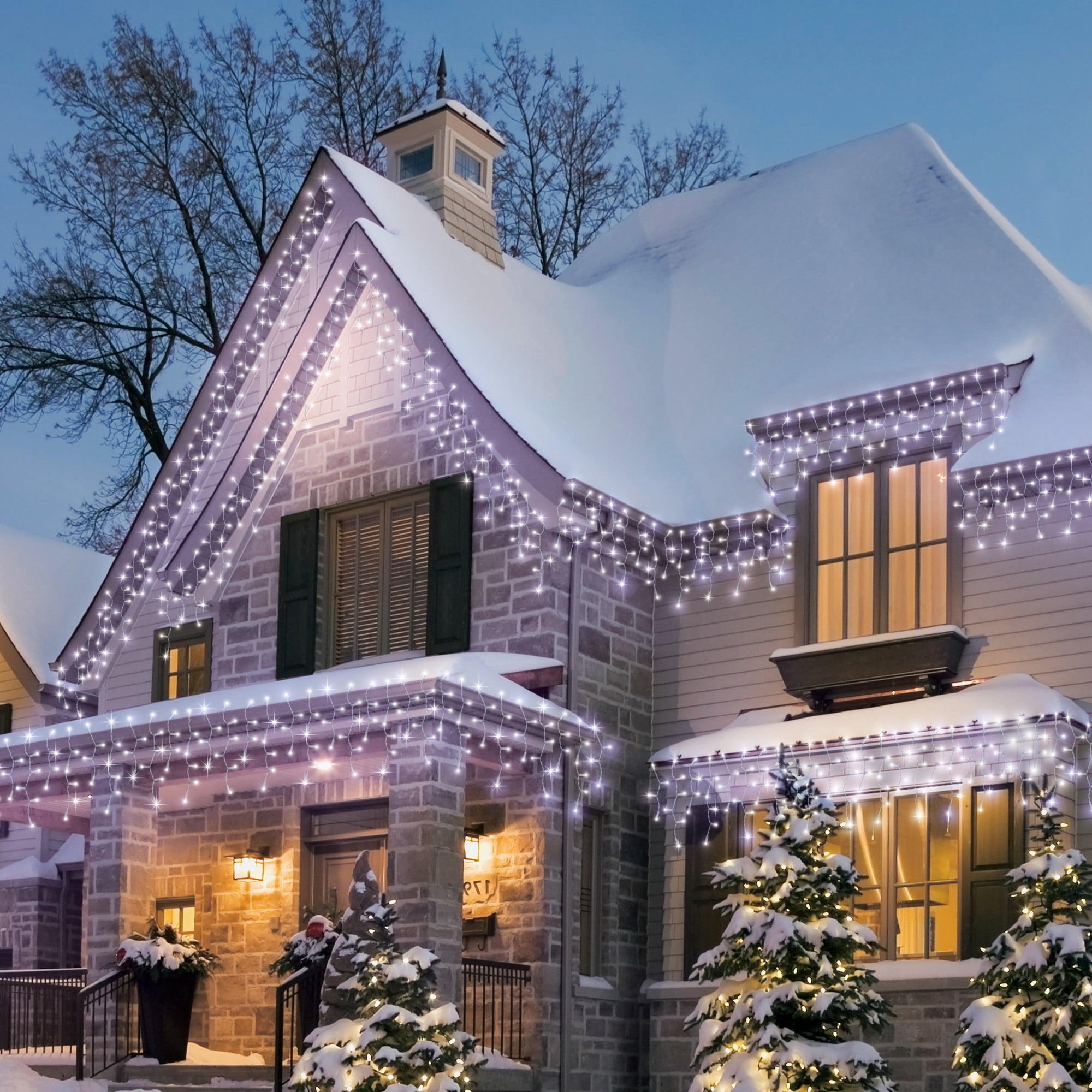Indoor/Outdoor 200-Count LED 8 Function-Sync Icicle Christmas Lights, Cool White, 24', Holiday Time