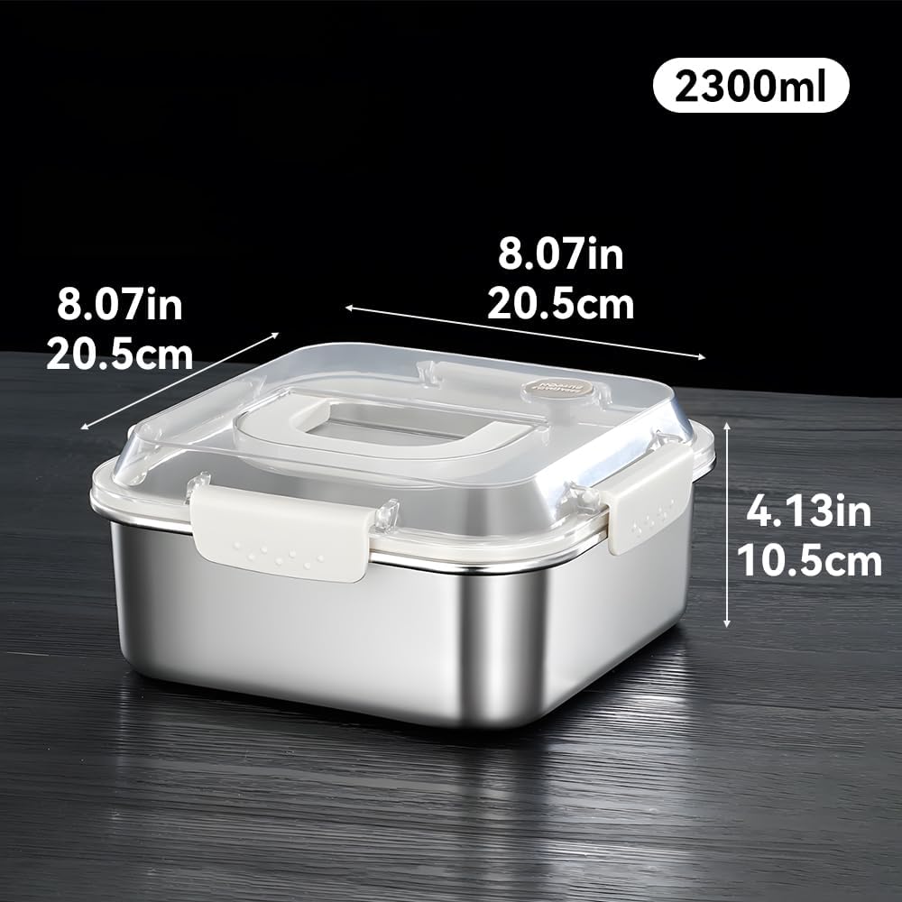ABCISI Stainless Steel Lunch Box, 304 Stainless Steel Food Storage Containers Box with Lid and Handle, Leak Proof & Airtight Lids Bento Box, Oven Freezer Dishwasher Safe (2300ML)