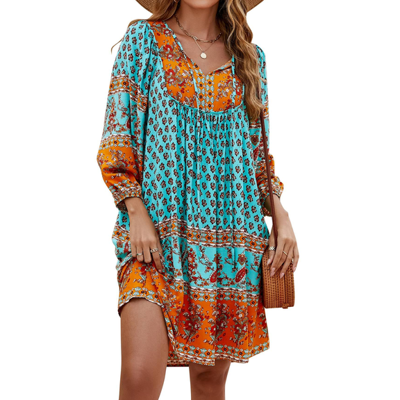 SOMER Dresses for Women Summer Midi Dresses Boho V Neck 3/4 Sleeve Babydoll Floral Print Casual Flowy Dress Beach Vacation 2026 Spring Blue