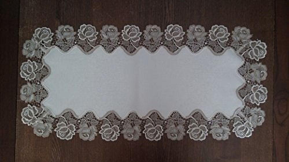 Doily Boutique Table Runner with Cocoa and Antique White Lace and Antique Fabric, Size 52 x 16 inches