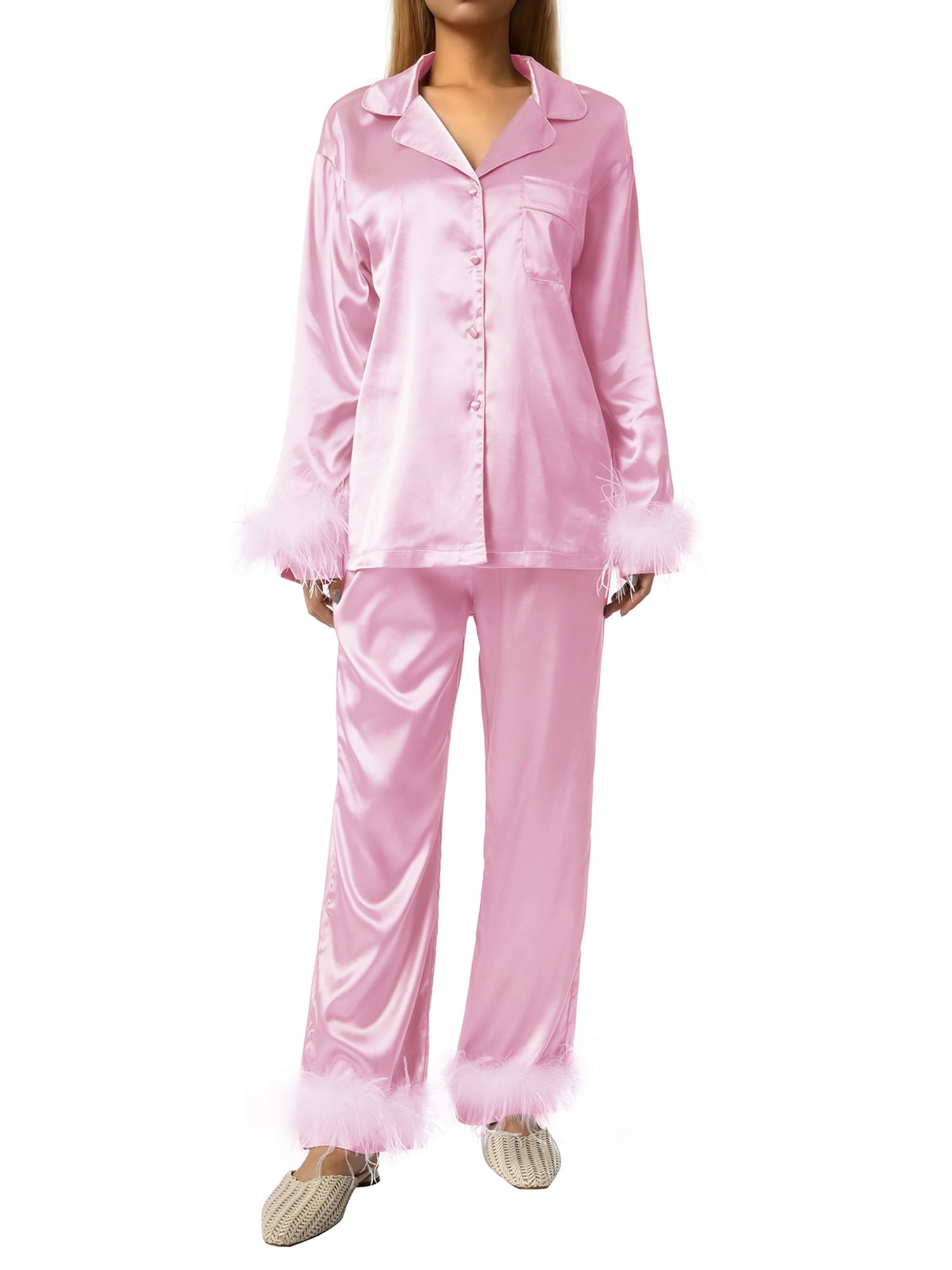 wybzd Women Silk Satin Pajamas Set Button Down Long Sleeve Sleepwear  Feather Trim Nightwear Loungewear Pj Set Pink XL