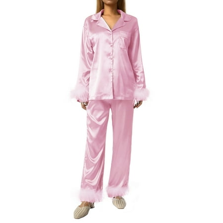 

Argeousgor Women Satin Silk Pajamas Set Feather Trim Long Sleeve Shirt Pants Button Down 2 pieces Pjs Set